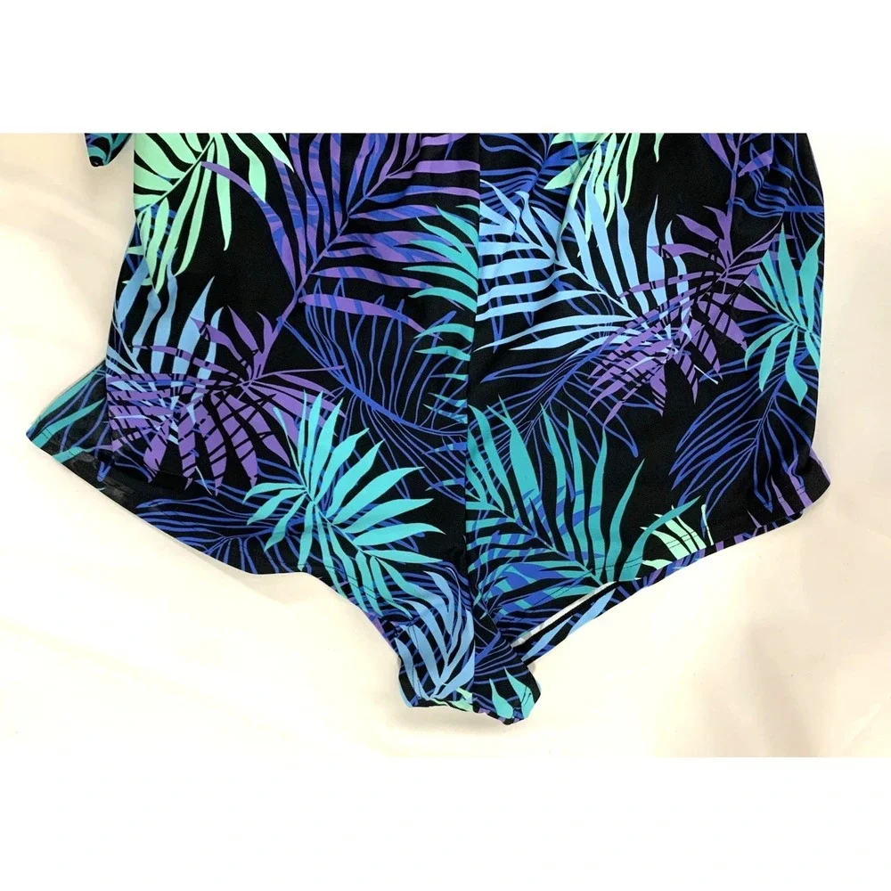 Blair Swimsuit Womens 10 One Piece Tank Black Purple Palm‎ Tropical Print Boyleg